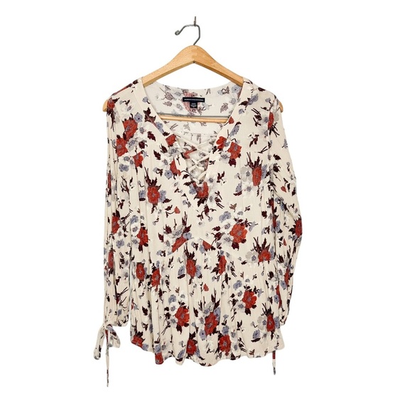 American Eagle Outfitters Boho Floral Print Lace Up Front Cold Shoulder Blouse M - Picture 1 of 6